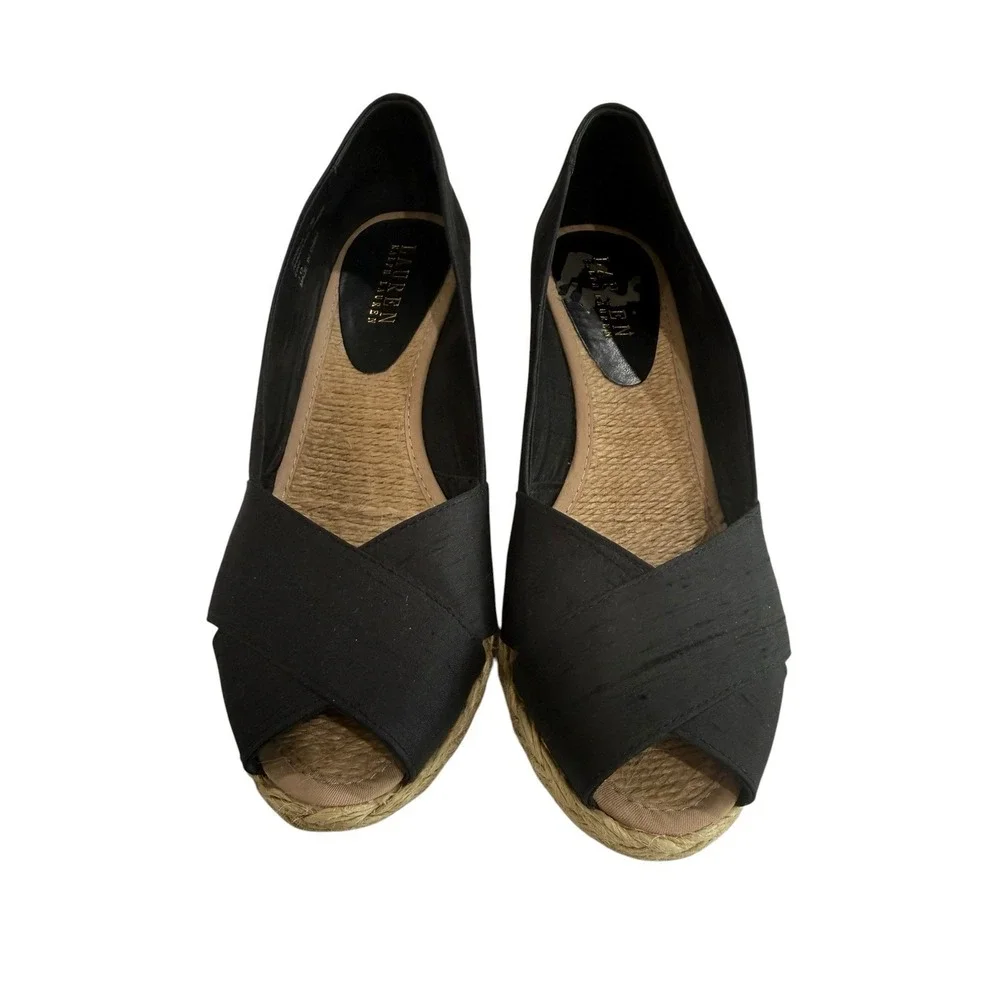 Lauren Ralph‎ Lauren Cecilia Espadrille Wedges Black Shantung Size 7.5 Women's